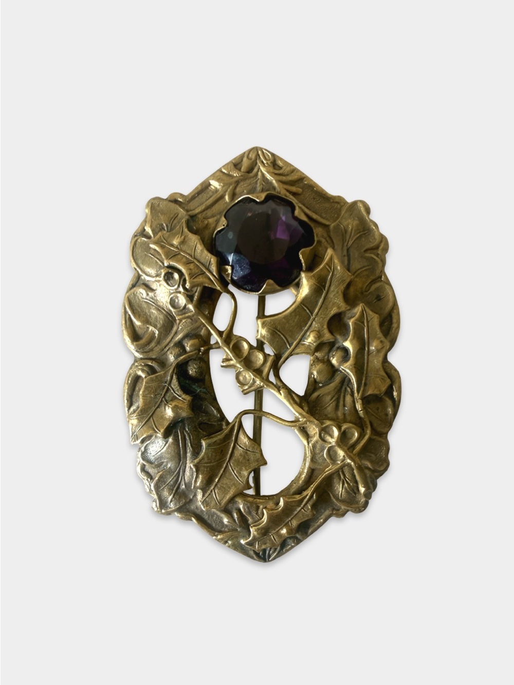 Vintage Art Nouveau Revival Holly Leaf Brooch Amethyst Purple Glass